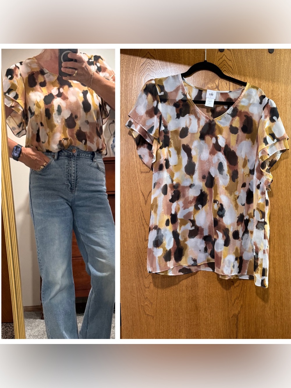 CAbi V-Neck Flutter Sleeve Blouse in Mustard, Brown & Black Abstract Print
